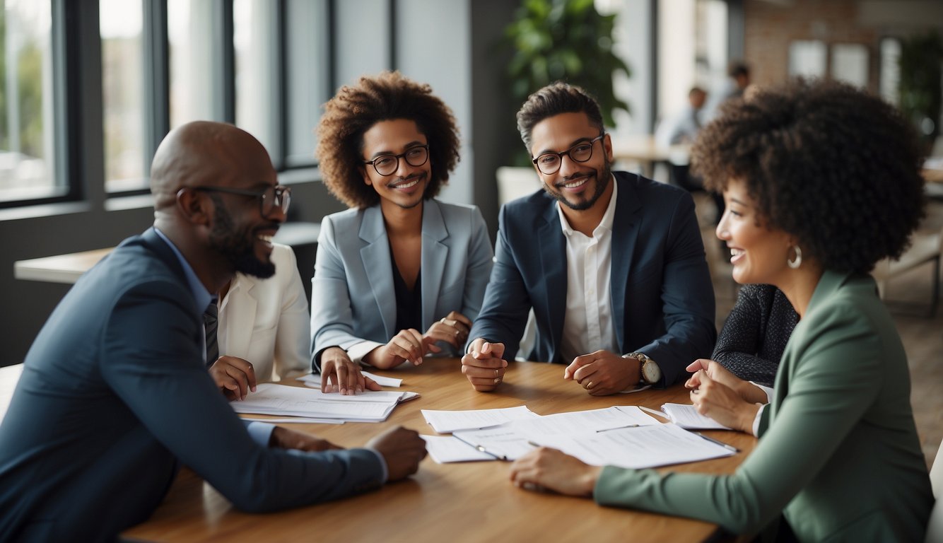 A group of diverse individuals collaborate around a table, sharing ideas and working together to achieve success and innovation in a business setting