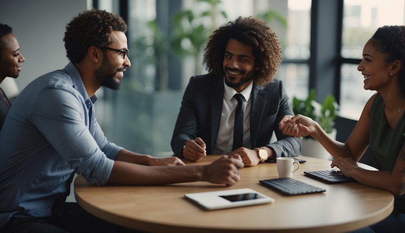 A diverse group of people collaborating, exchanging ideas, and working together towards a common goal. There is a sense of unity, productivity, and progress in the air