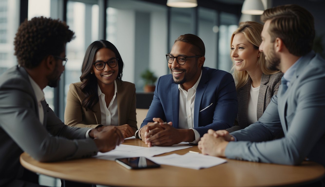 A group of diverse individuals collaborate, brainstorm, and strategize together in a modern office setting, symbolizing teamwork and success in business