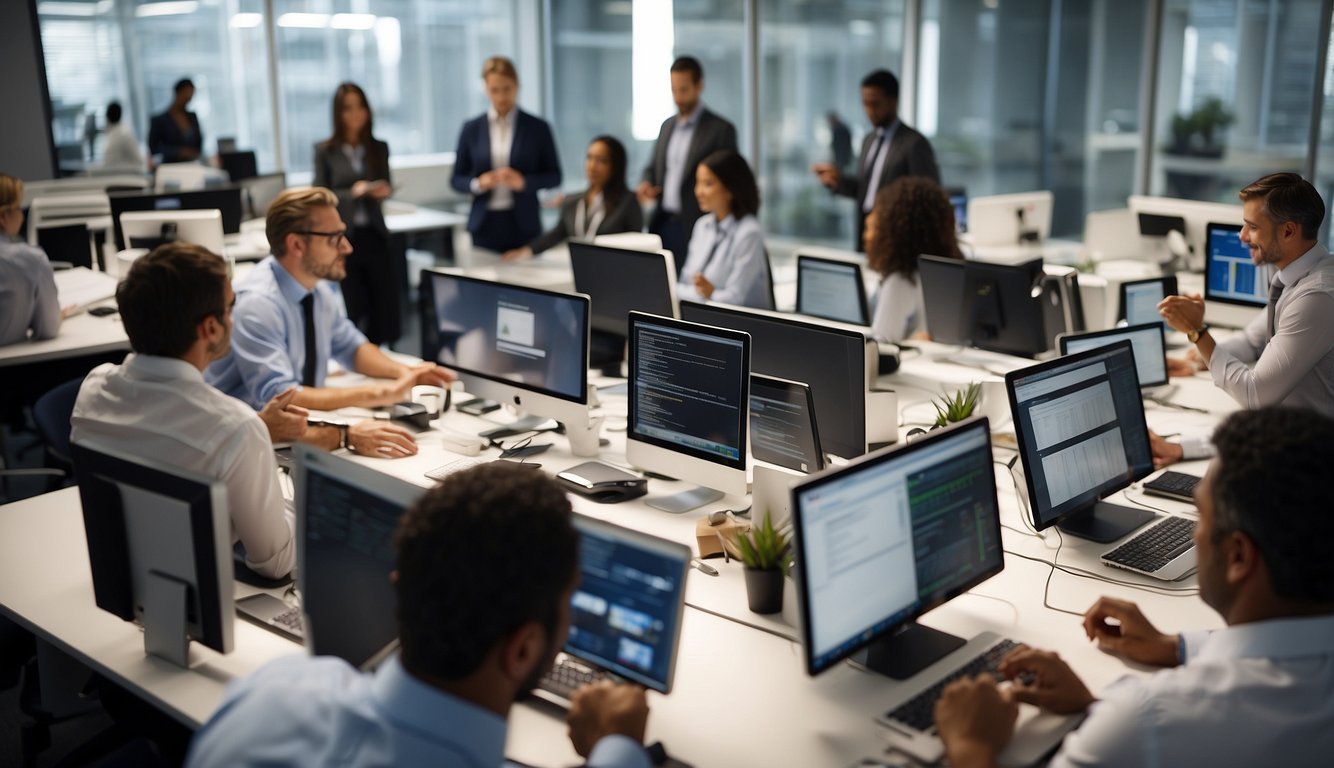 A bustling office with various departments working together, exchanging ideas and collaborating on projects. Multiple teams are seen communicating and coordinating to achieve common business goals