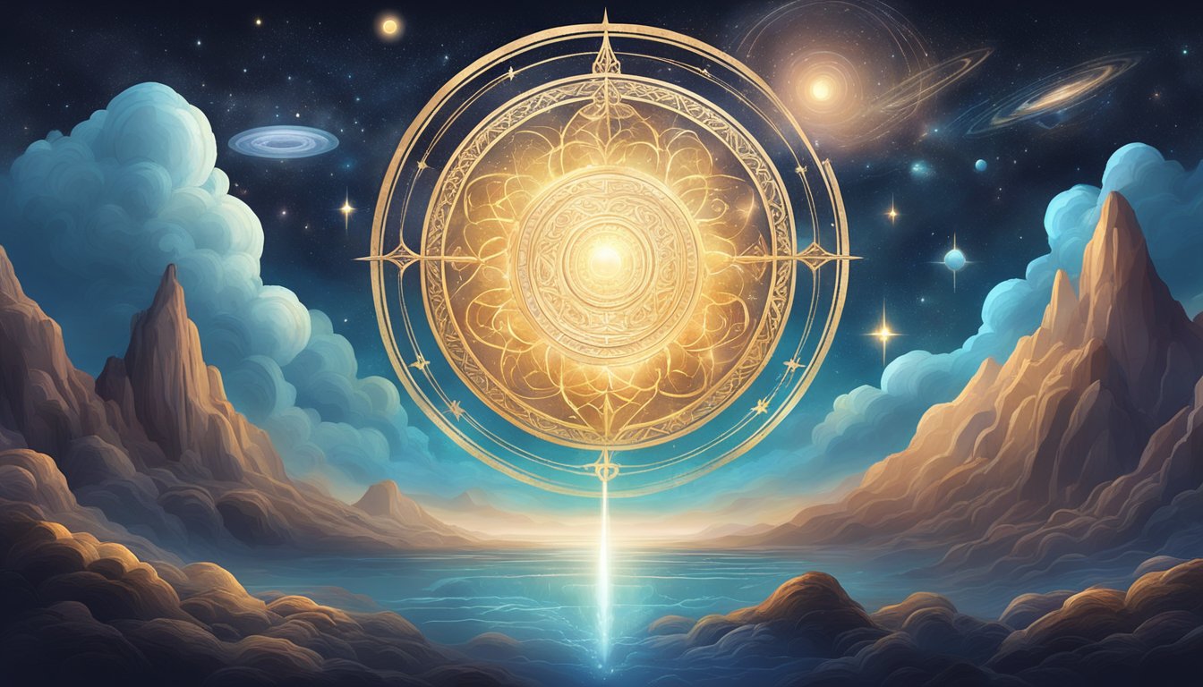 A serene, cosmic landscape with ethereal symbols and celestial elements representing spiritual and universal significance