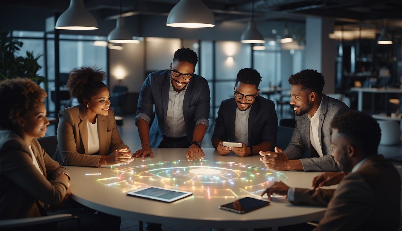 A group of diverse individuals brainstorming and sharing ideas in a collaborative environment, surrounded by visual aids and technology