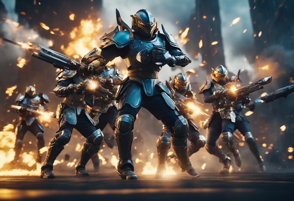 A group of powerful warriors engage in intense battles, surrounded by vibrant energy and explosive special effects