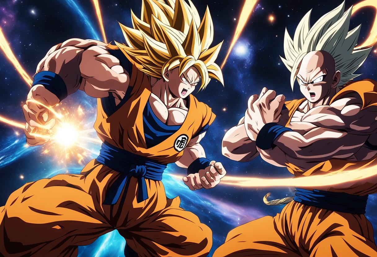 A battle between Goku and Jiren, with fiery energy blasts and intense power clashes, set against a cosmic backdrop with swirling galaxies and bright stars