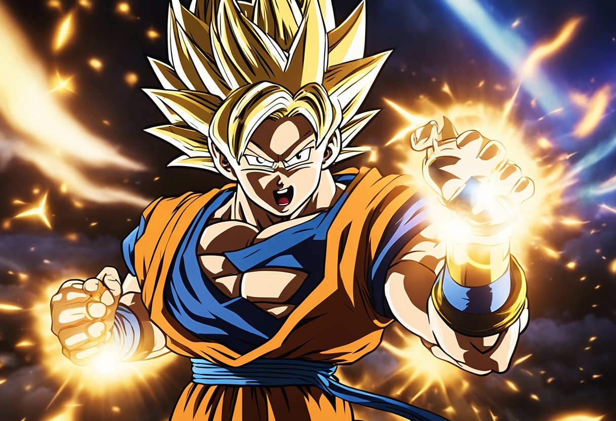 The scene depicts various characters from the Dragonball Super TV series engaging in intense battles with vibrant energy beams and dynamic martial arts movements
