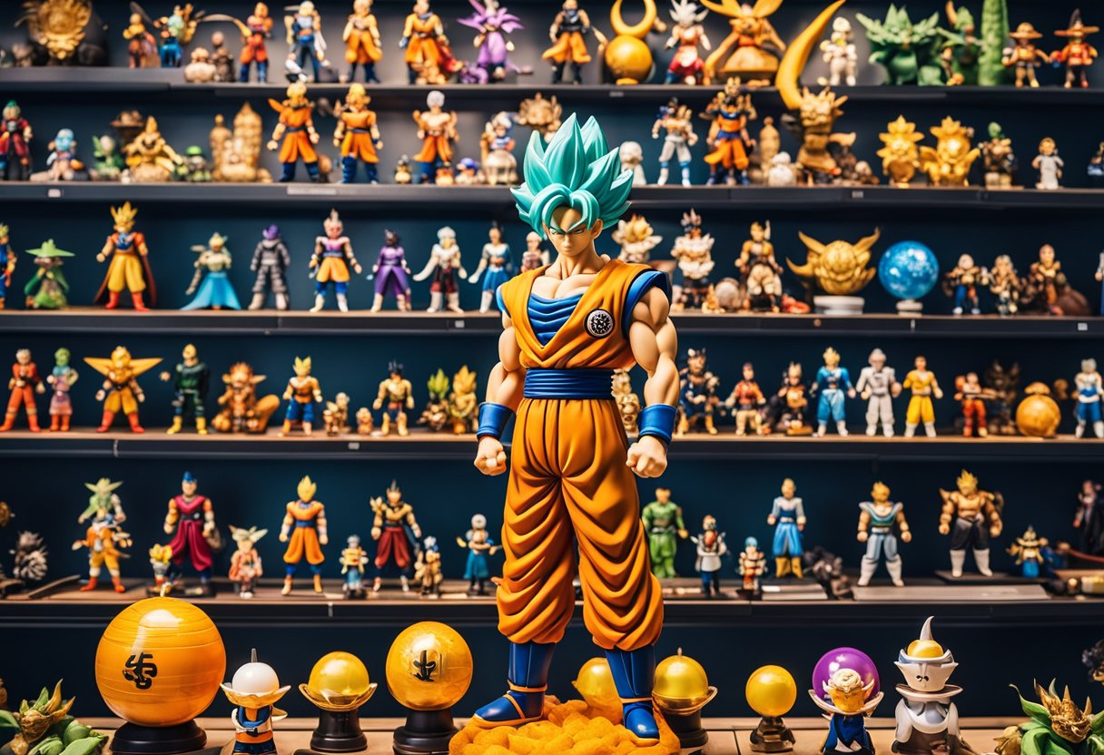 Dragonball Super merchandise and products displayed in a vibrant and colorful setting, with action figures, posters, and other related items arranged neatly on shelves and tables