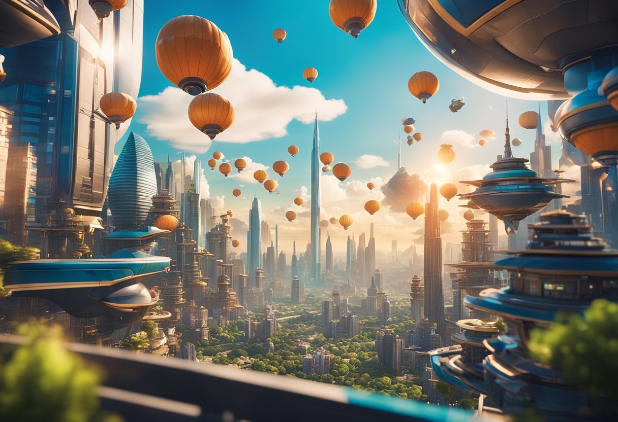 A futuristic cityscape with towering skyscrapers and flying vehicles, set against a backdrop of a vibrant and colorful sky, depicting the setting of Dragonball Super television series