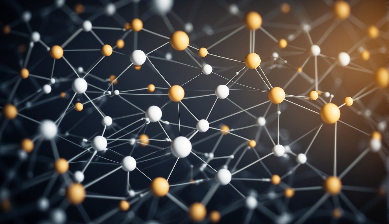 A network of interconnected nodes representing different components of a strategic business intelligence framework, with data flowing between them