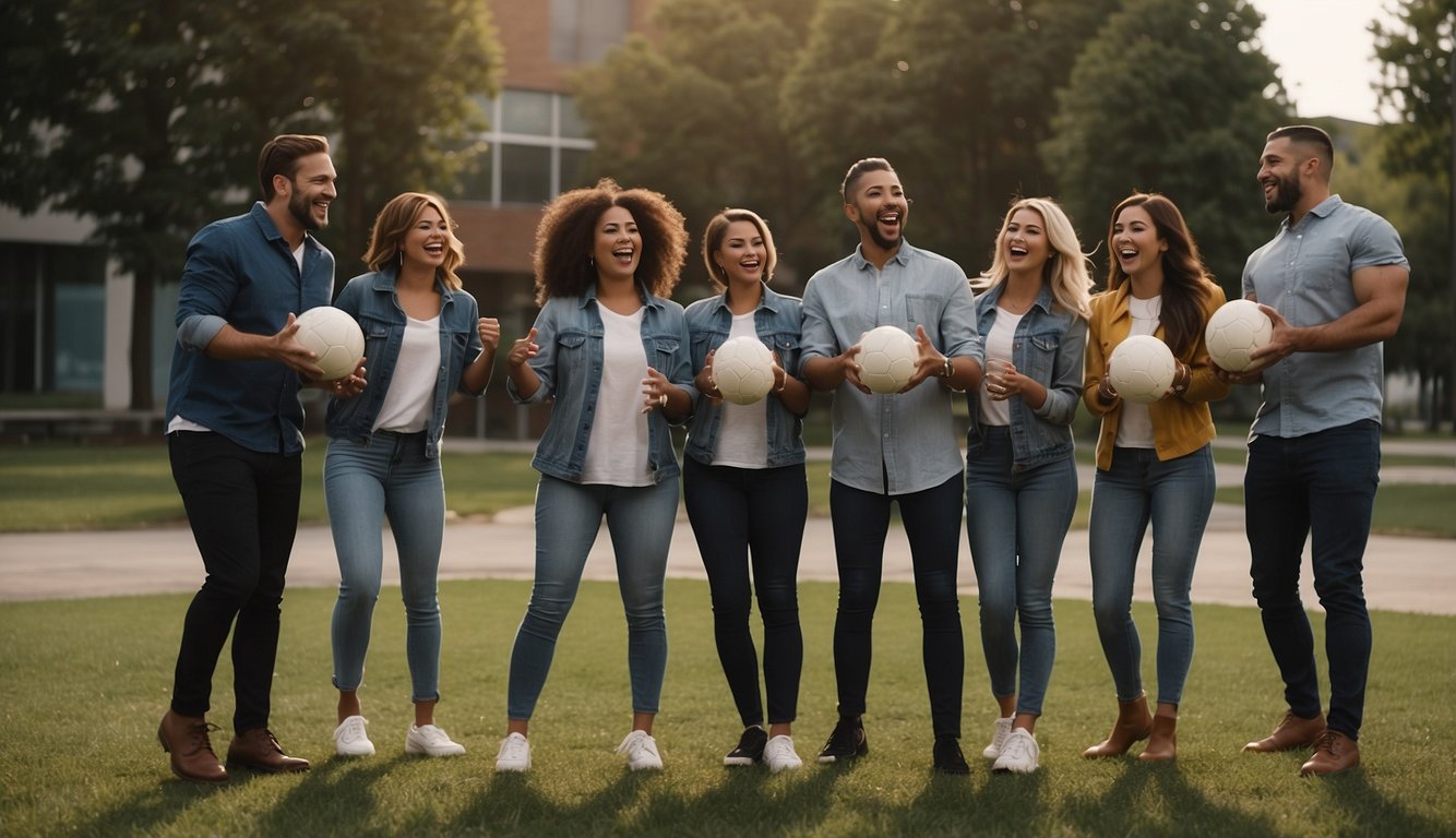 A group of people standing in a circle, passing a ball or object around quickly. They are laughing and cheering as they work together