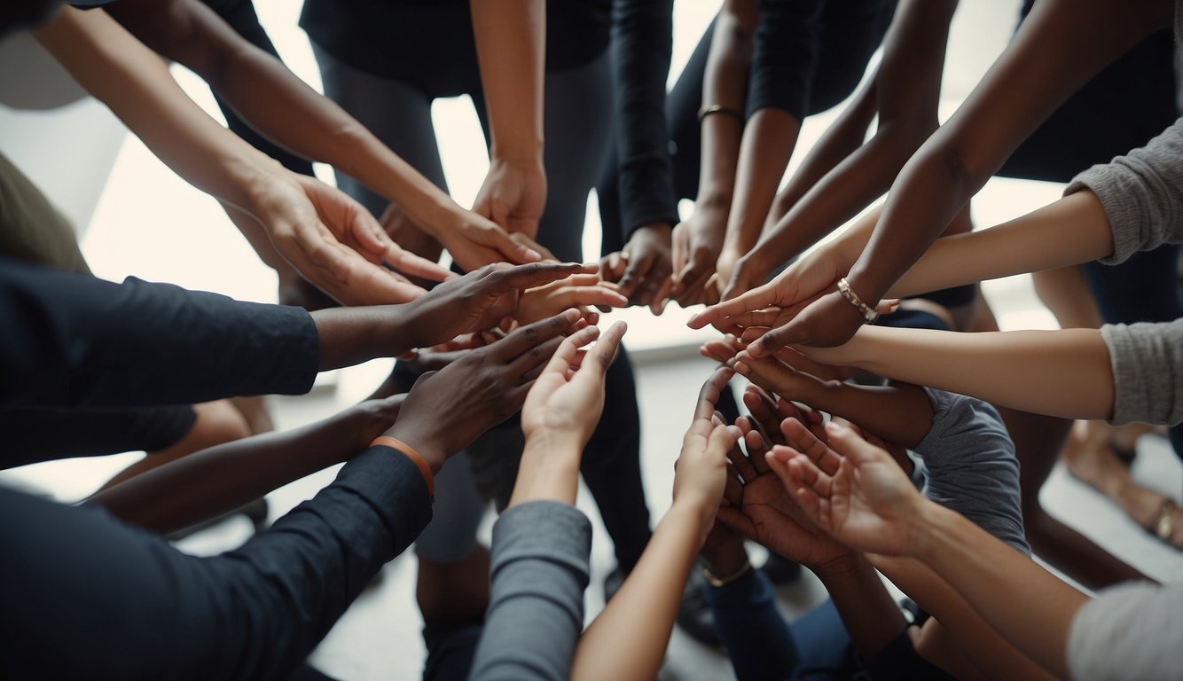 A group of diverse shapes come together in a circle, engaging in a quick team building activity. They are focused and energized, working together to achieve a common goal in just 5 minutes