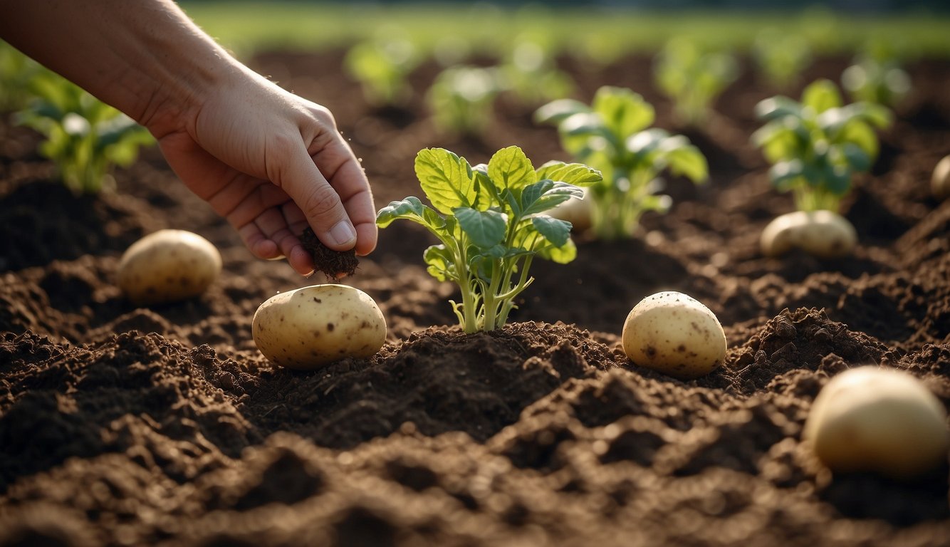 Potatoes being planted with bone meal sprinkled in the soil