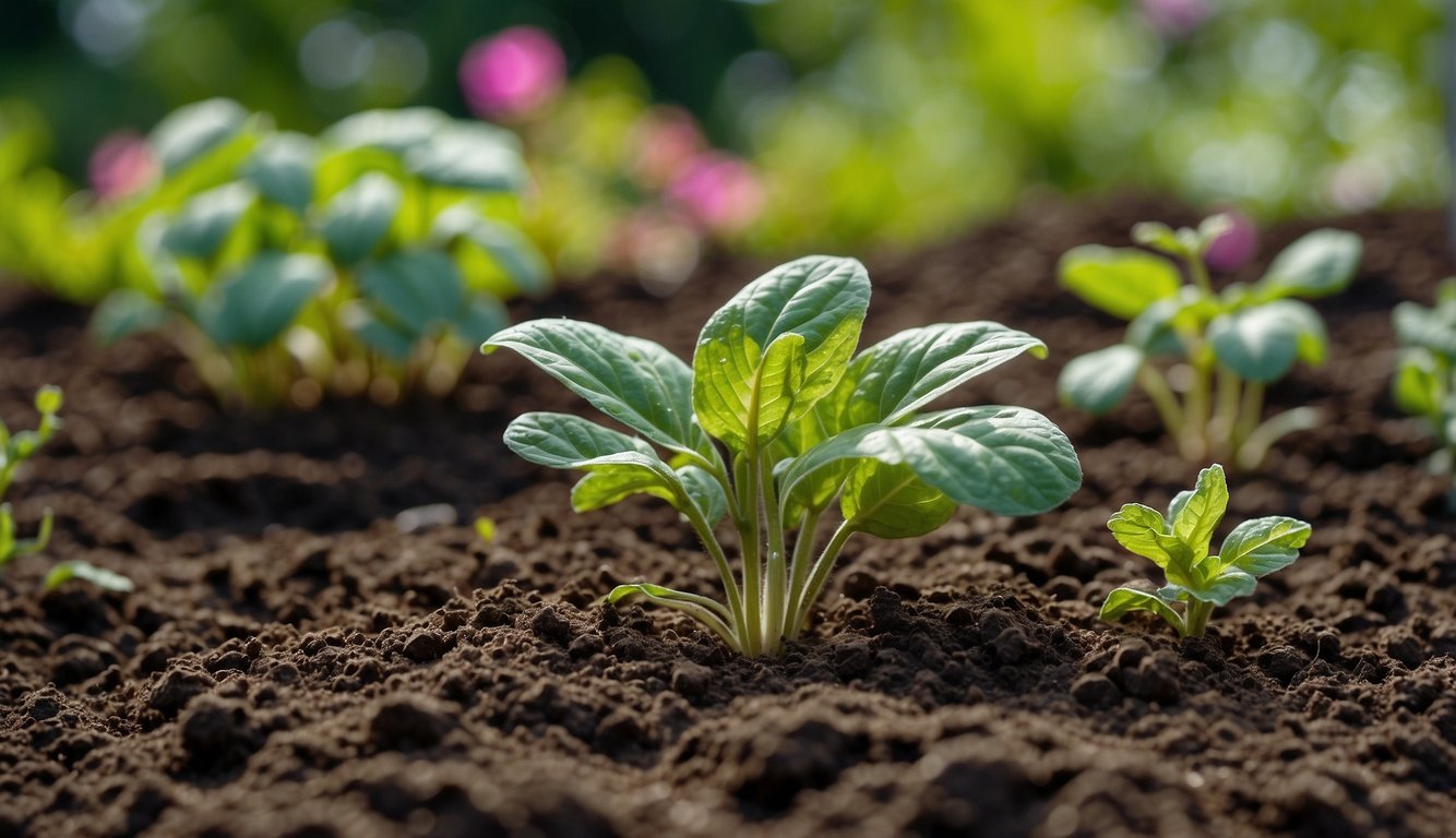 A garden with a variety of potato plants surrounded by different types of fertilizers and soil amendments, including bone meal alternatives