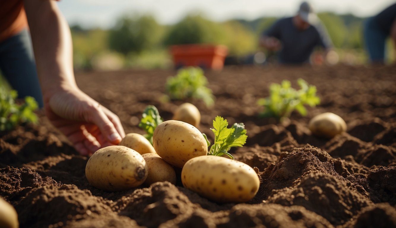 Potatoes being dug from the earth and placed into storage bins