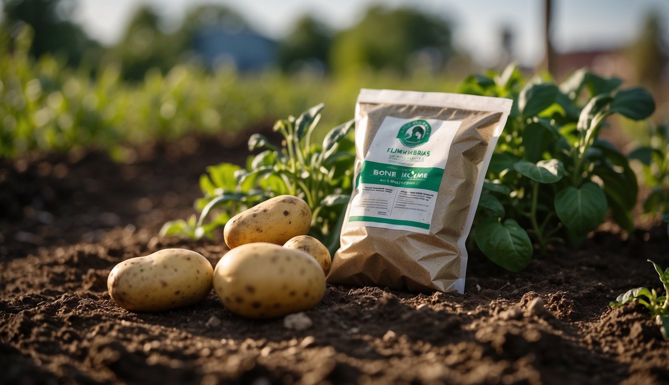 A bag of bone meal sits next to a flourishing potato plant in a garden