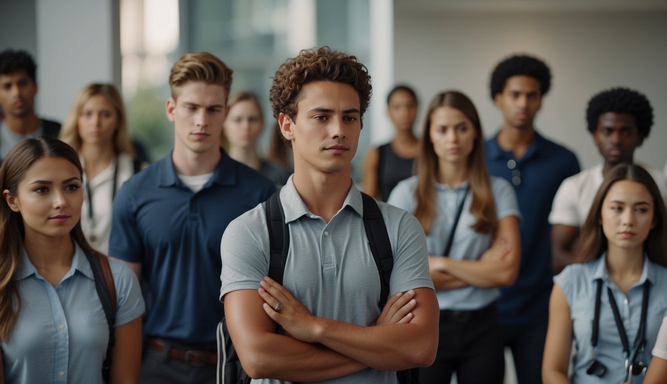 Students working together in a trust fall exercise. One student stands with eyes closed, arms crossed, while others support and guide them to fall backwards