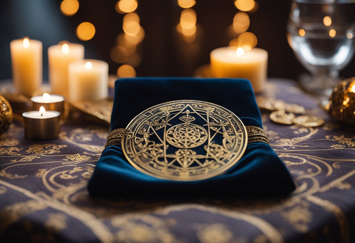 A table set with tarot cards, a candle flickering, and a crystal ball resting on a velvet cloth