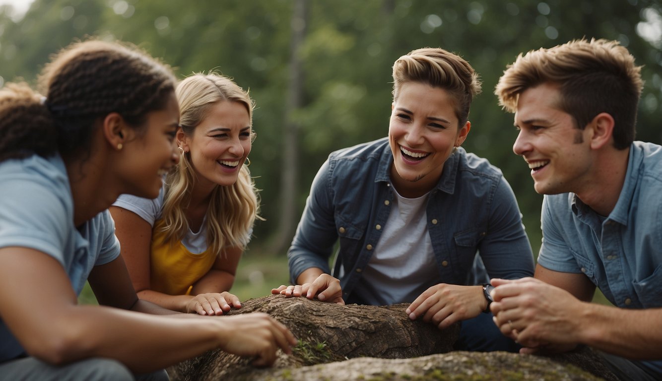 Students engage in trust falls, group problem-solving, and outdoor challenges. Laughter and teamwork are evident in their interactions