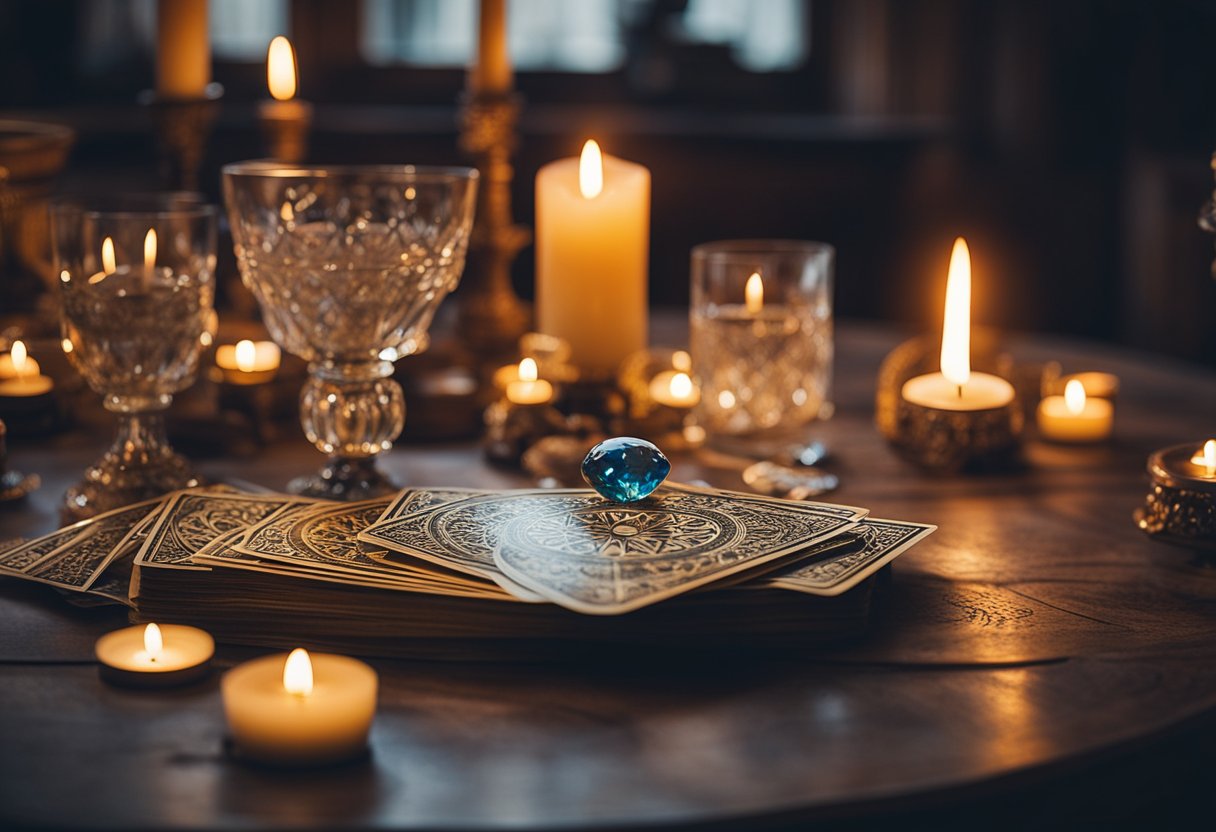 A table with tarot cards spread out, a crystal ball, and burning candles, creating a mystical and spiritual atmosphere