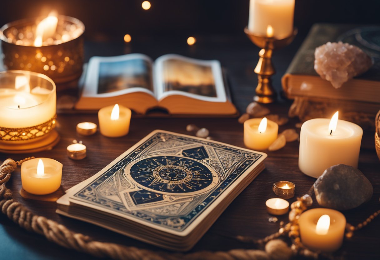 A table with a tarot deck, candles, and crystals. A book on tarot meanings open nearby. A mystical atmosphere with soft lighting and incense