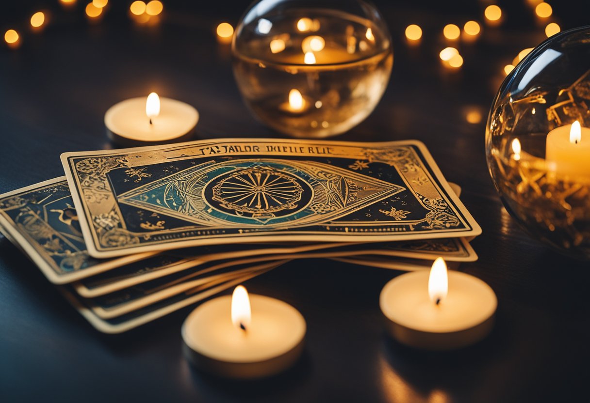 A table with a deck of tarot cards, a crystal ball, and burning candles