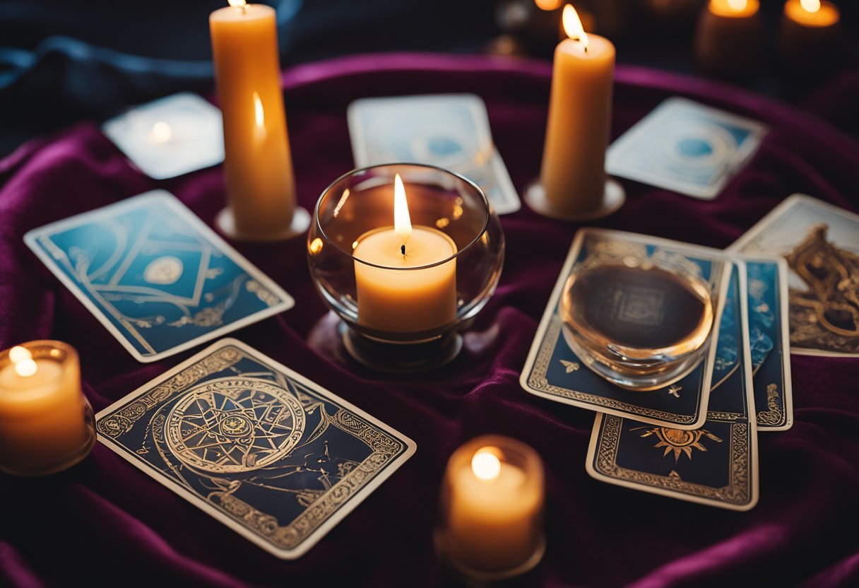 A table with tarot cards spread out, a candle burning, and a crystal ball on a velvet cloth