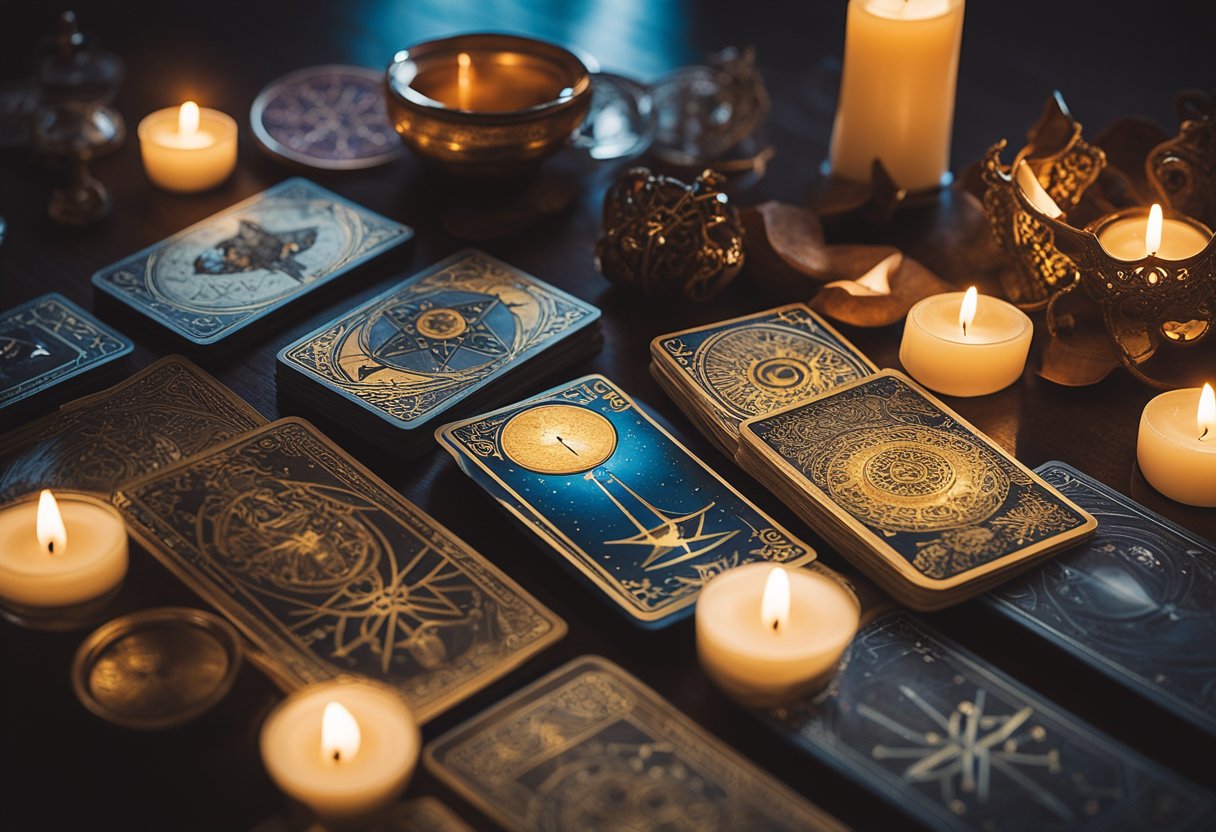 A table with various Tarot decks spread out, surrounded by mystical symbols and candles