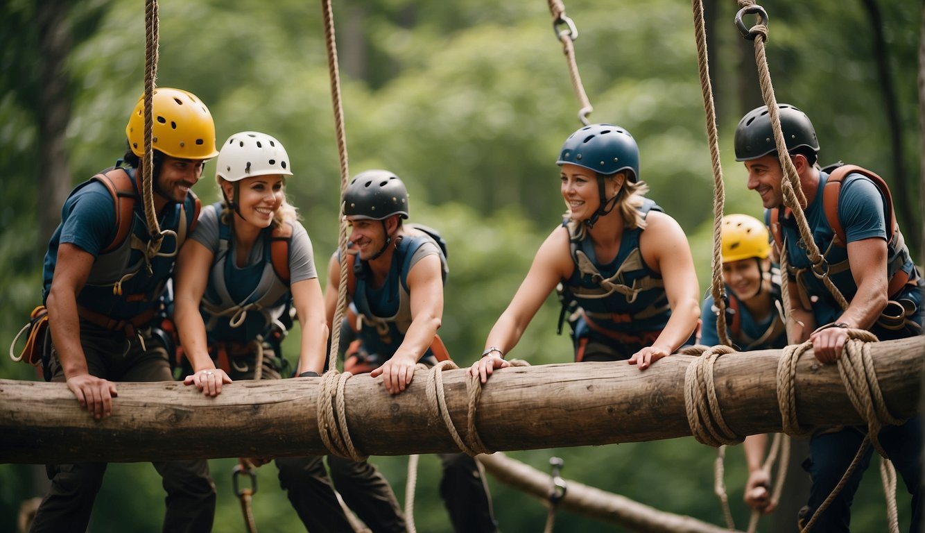 A group of people engage in trust falls, rope courses, and group challenges in an outdoor setting surrounded by nature