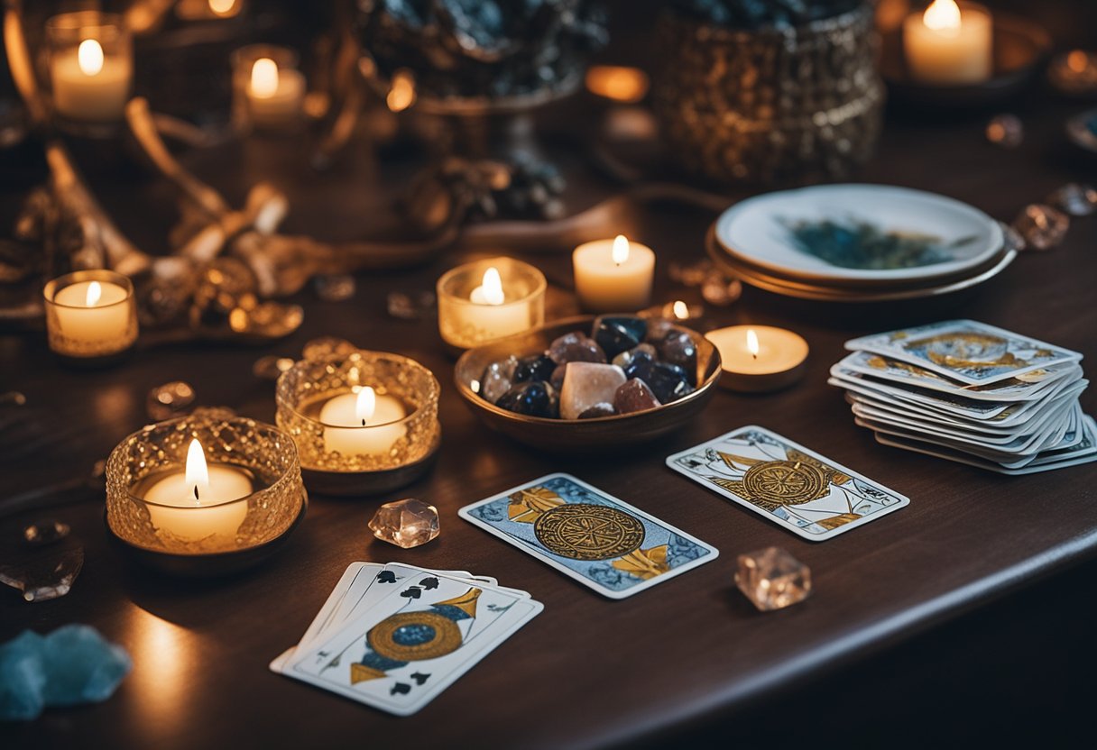 A table with a deck of tarot cards spread out, surrounded by candles and crystals