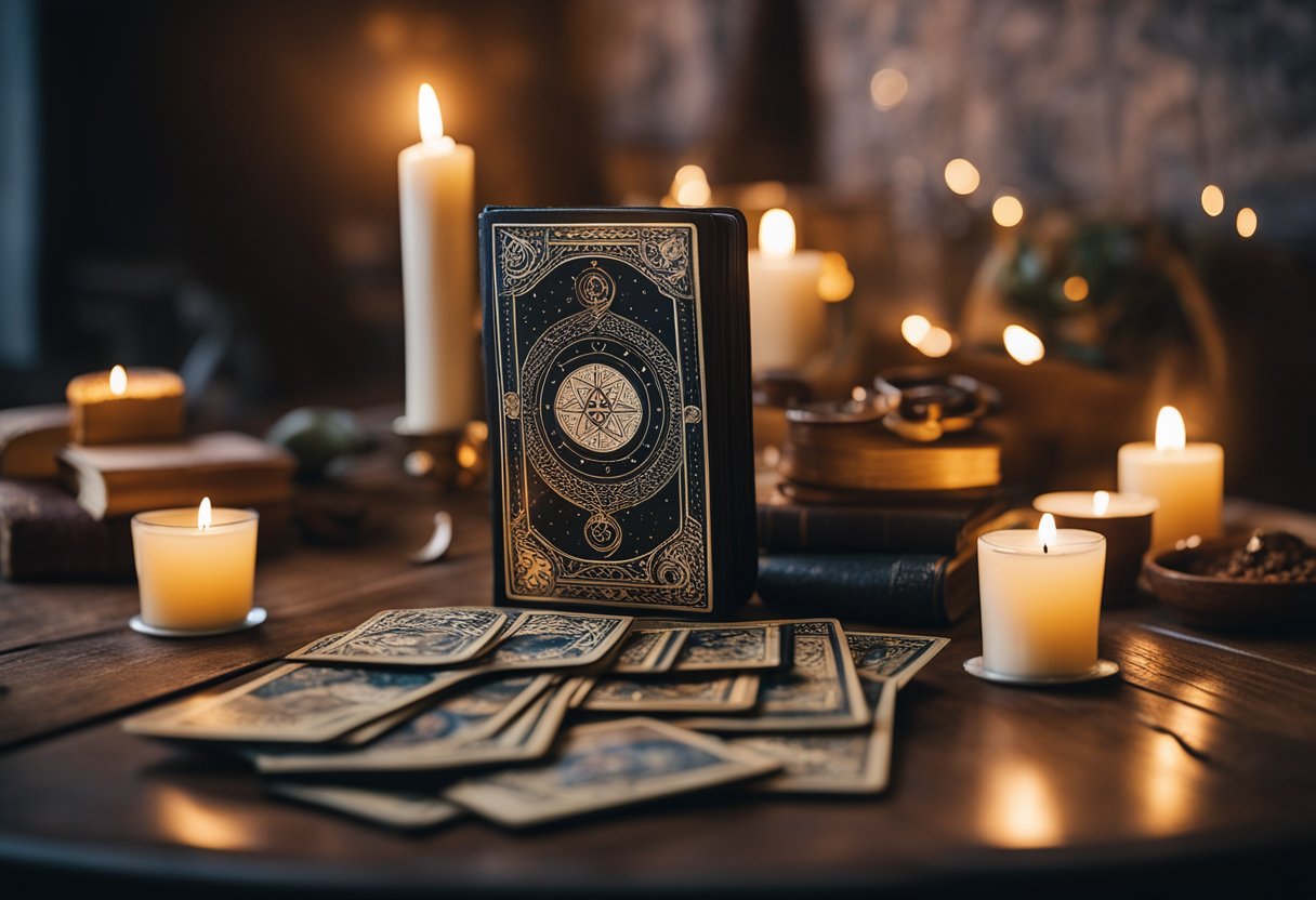 A table with tarot cards spread out, a book on tarot, and a candle burning