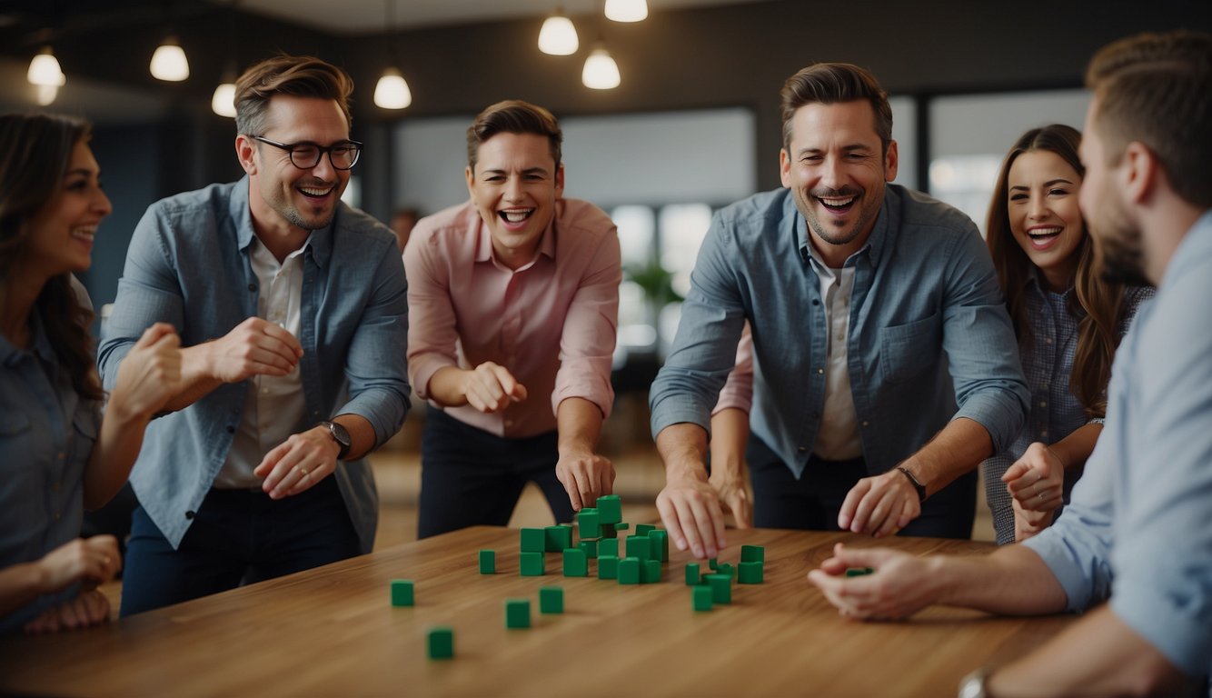 Colleagues engage in team building games indoors. Laughter and camaraderie fill the room as they work together to complete challenges