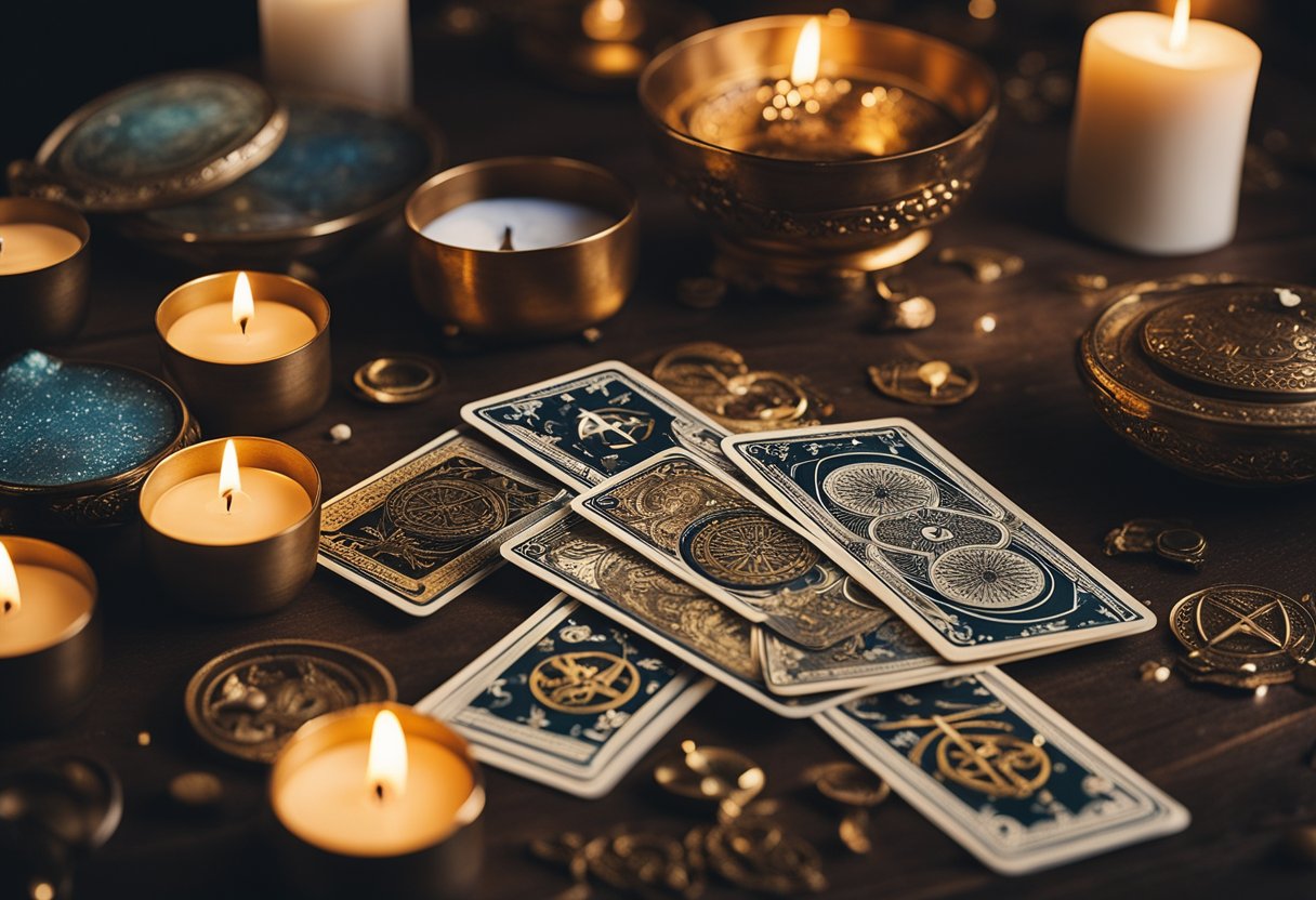 A deck of tarot cards spread out on a mystical, moonlit table, surrounded by flickering candles and ancient symbols