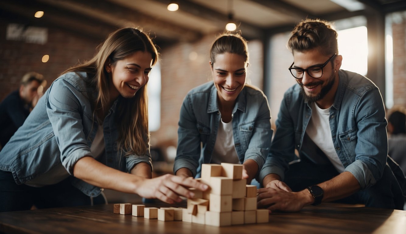 A group of people engage in team-building games indoors. They work together to solve challenges and build trust