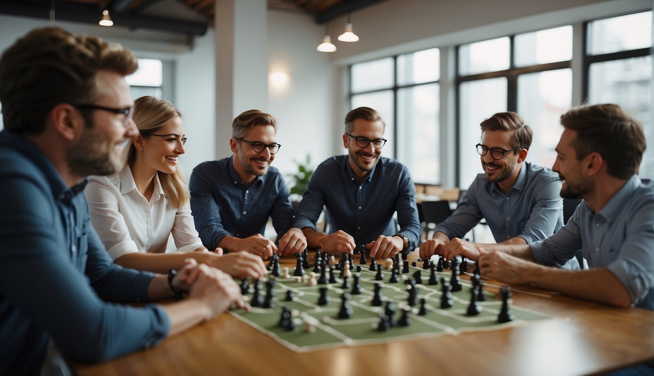 Colleagues collaborate in team-building games indoors, fostering better teamwork and communication