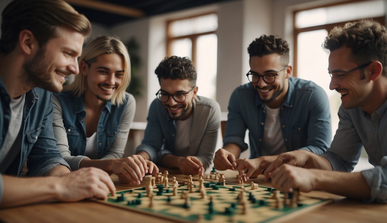 A group of people engage in team building games indoors, working together to solve puzzles and complete challenges