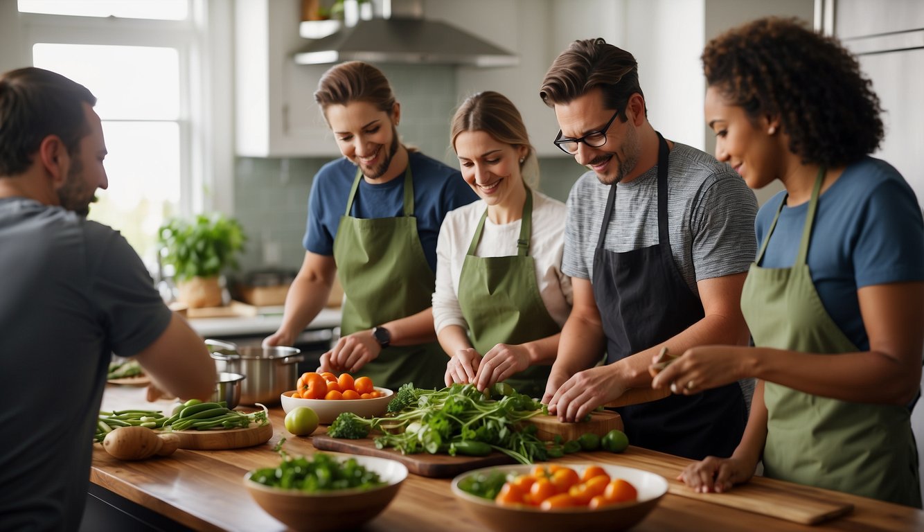 A group of people working together in a kitchen, chopping vegetables, stirring pots, and setting the table for a team building cooking class