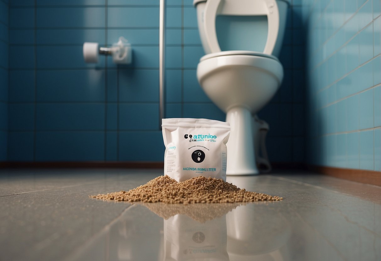 A bag of cat litter sits next to a toilet, with a question mark above it