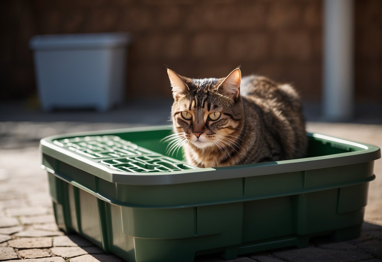A cat with a puzzled expression beside a litter box, looking at the litter with a questioning tilt of the head