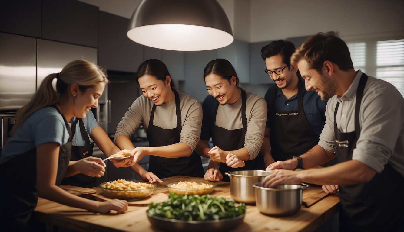A group of people working together in a kitchen, engaged in team building cooking activities, collaborating and communicating effectively