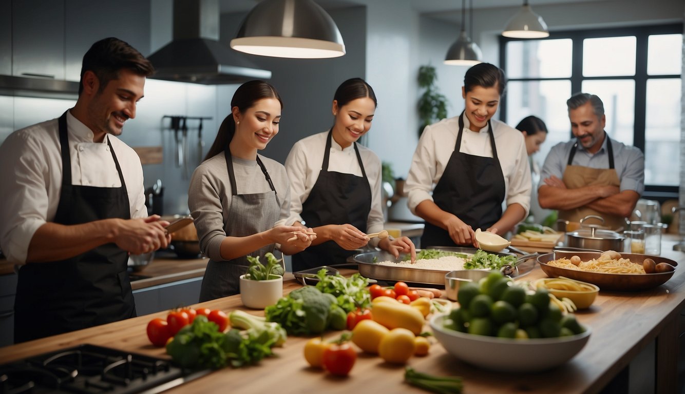 A group of people gather in a spacious kitchen, working together to prepare a variety of dishes. Ingredients and cooking utensils are neatly organized on the countertops, while the aroma of sizzling food fills the air