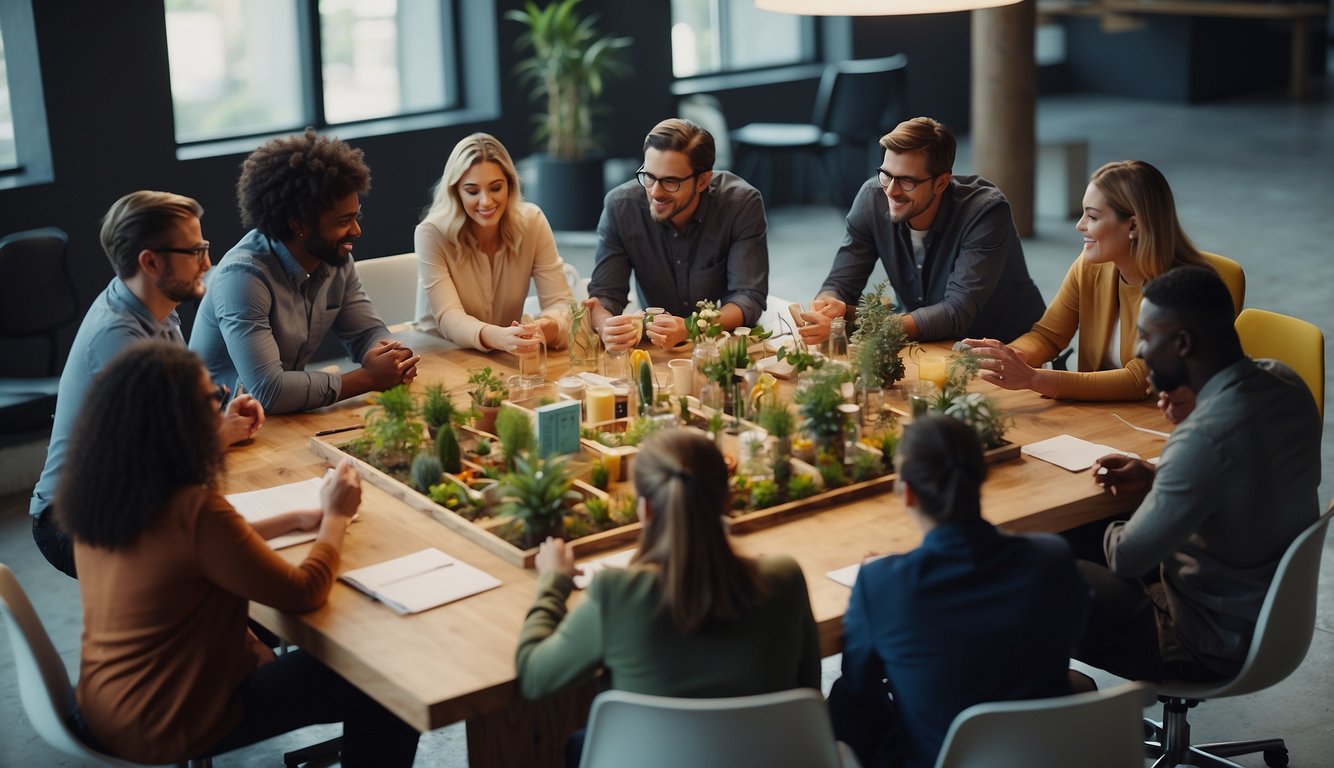 A group of diverse individuals collaborate on a project, brainstorming and sharing ideas in a bright, open space with colorful team building activities