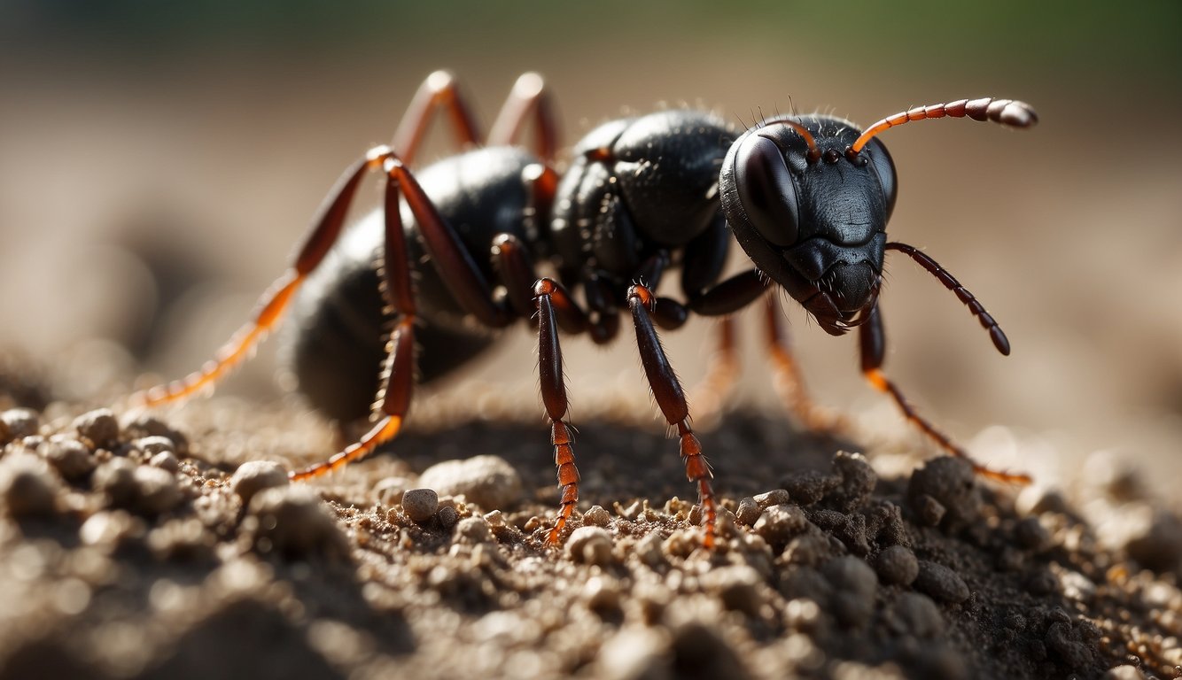 Ants near diatomaceous earth with warning signs and protective gear