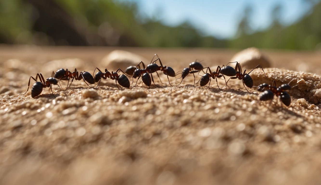 Ants crawling towards diatomaceous earth, a white powdery substance sprinkled in a line along their path. A few ants are already immobilized on the powder