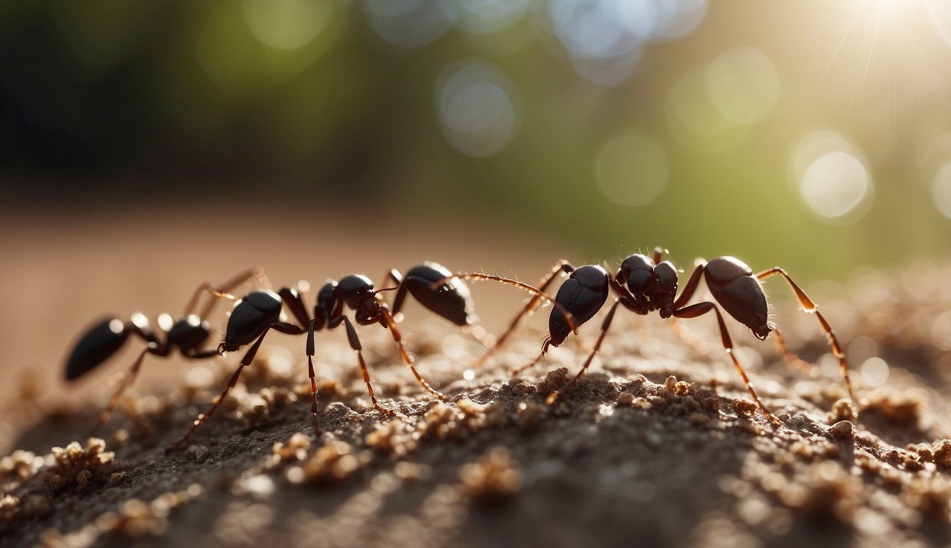 Ants crawling on a surface treated with diatomaceous earth, with visible particles adhering to their bodies