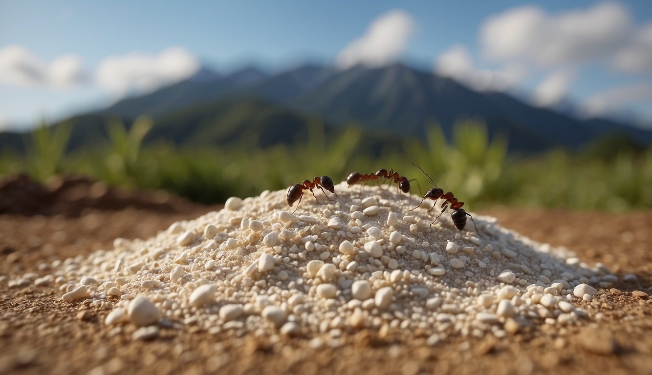 Ants crawling near a pile of diatomaceous earth, with a clear trail leading to it. A small container of the powder sits nearby