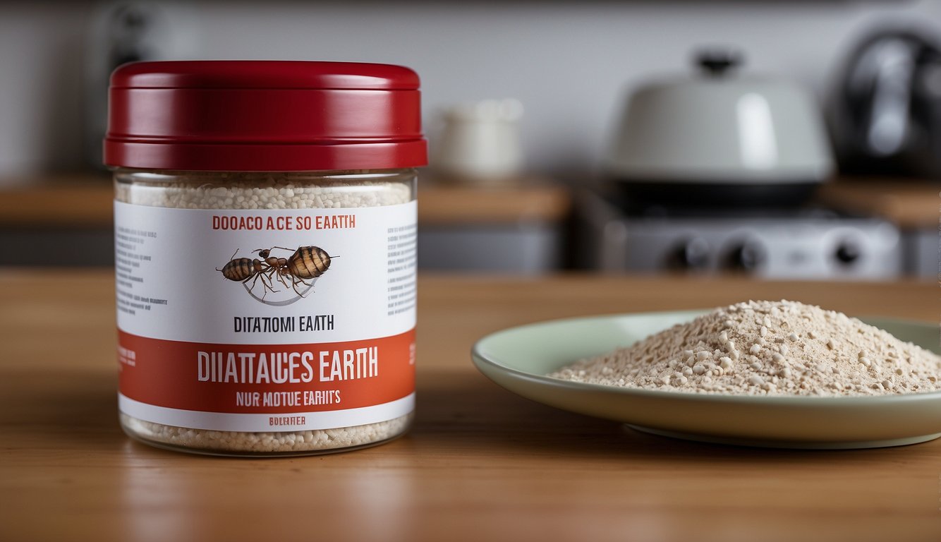 A container of diatomaceous earth sits on a kitchen counter, with a line of ants approaching it. The label reads "Diatomaceous Earth for Ants."