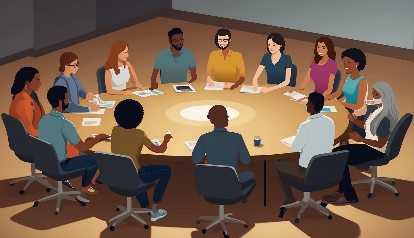 A circle of diverse individuals engage in a group activity, sharing ideas and collaborating on a project. A facilitator guides the team through interactive exercises, fostering communication and trust