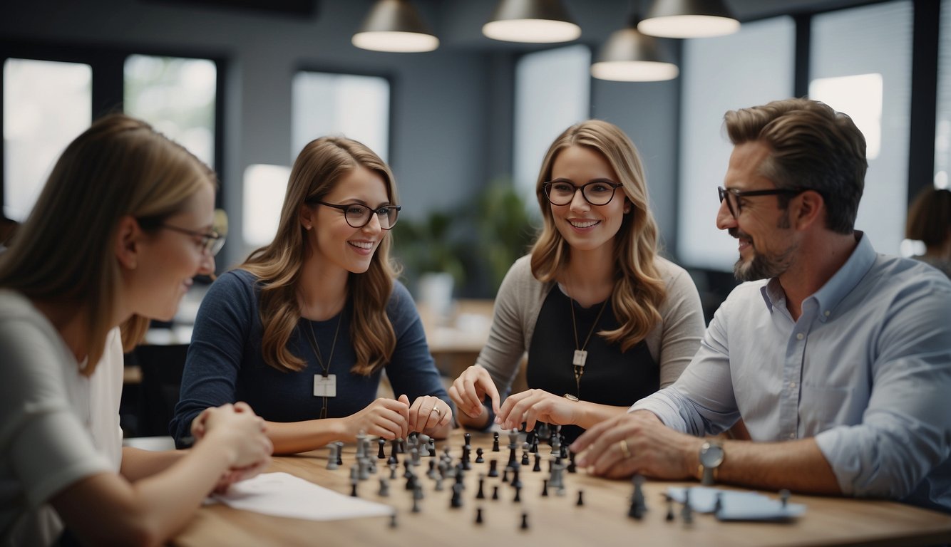 Team members engage in problem-solving activities, communicate openly, and collaborate to achieve common goals in a workshop setting