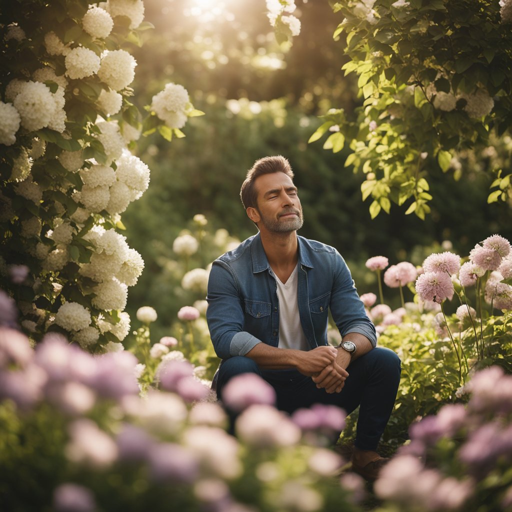 A man sits in a peaceful garden, surrounded by blooming flowers and gentle sunlight. He closes his eyes, taking deep breaths and focusing on the sensations of nature around him