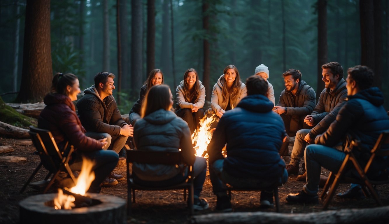 A group of people gather around a campfire, laughing and sharing stories. A ropes course and trust fall activity are set up nearby