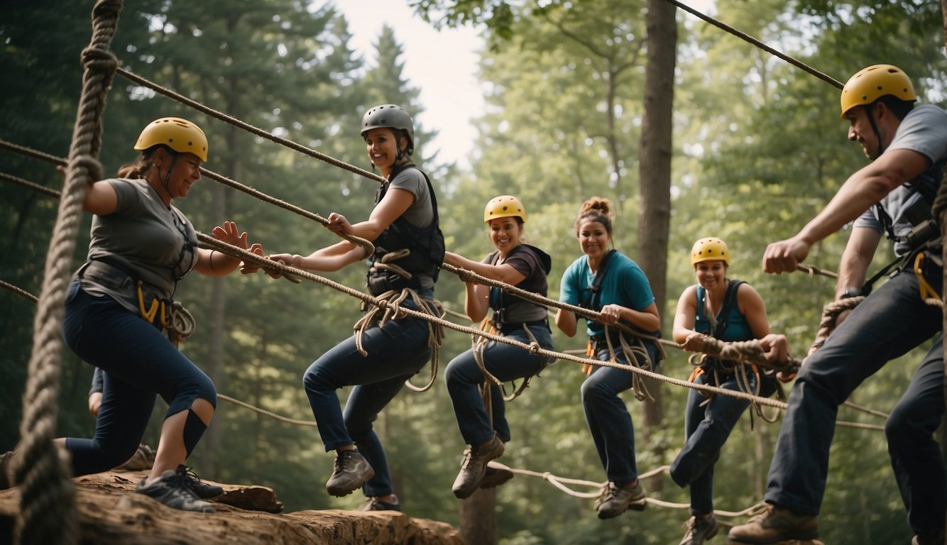 A group of individuals engage in trust falls and rope courses at a team building retreat